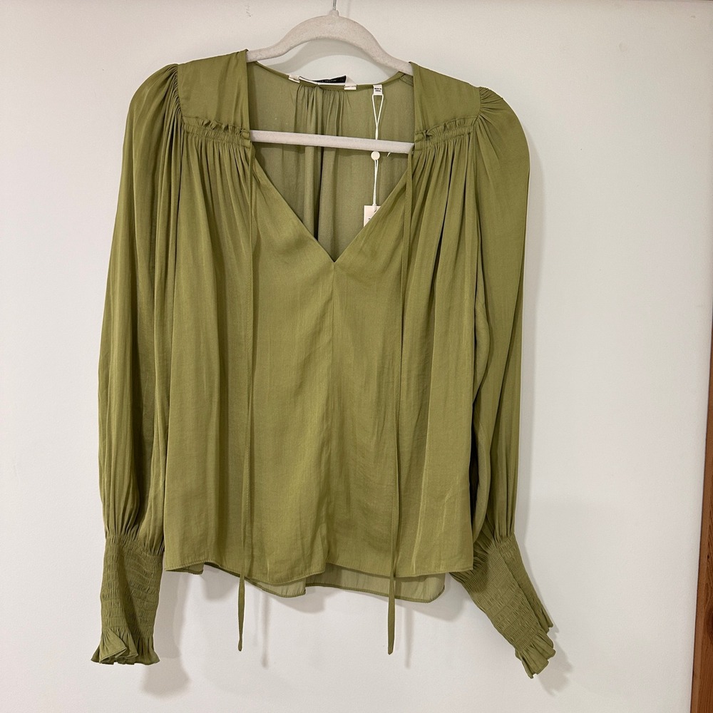 Rebecca Taylor V-Neck Smocked Cuff Blouse Womens Small Olive Green | Boho Chic